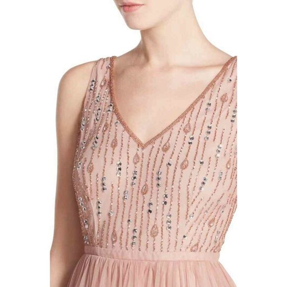 New! ADRIANNA PAPELL Women's Jeweled Beaded Tulle Dress Size 12 Color Blush - Picture 3 of 6